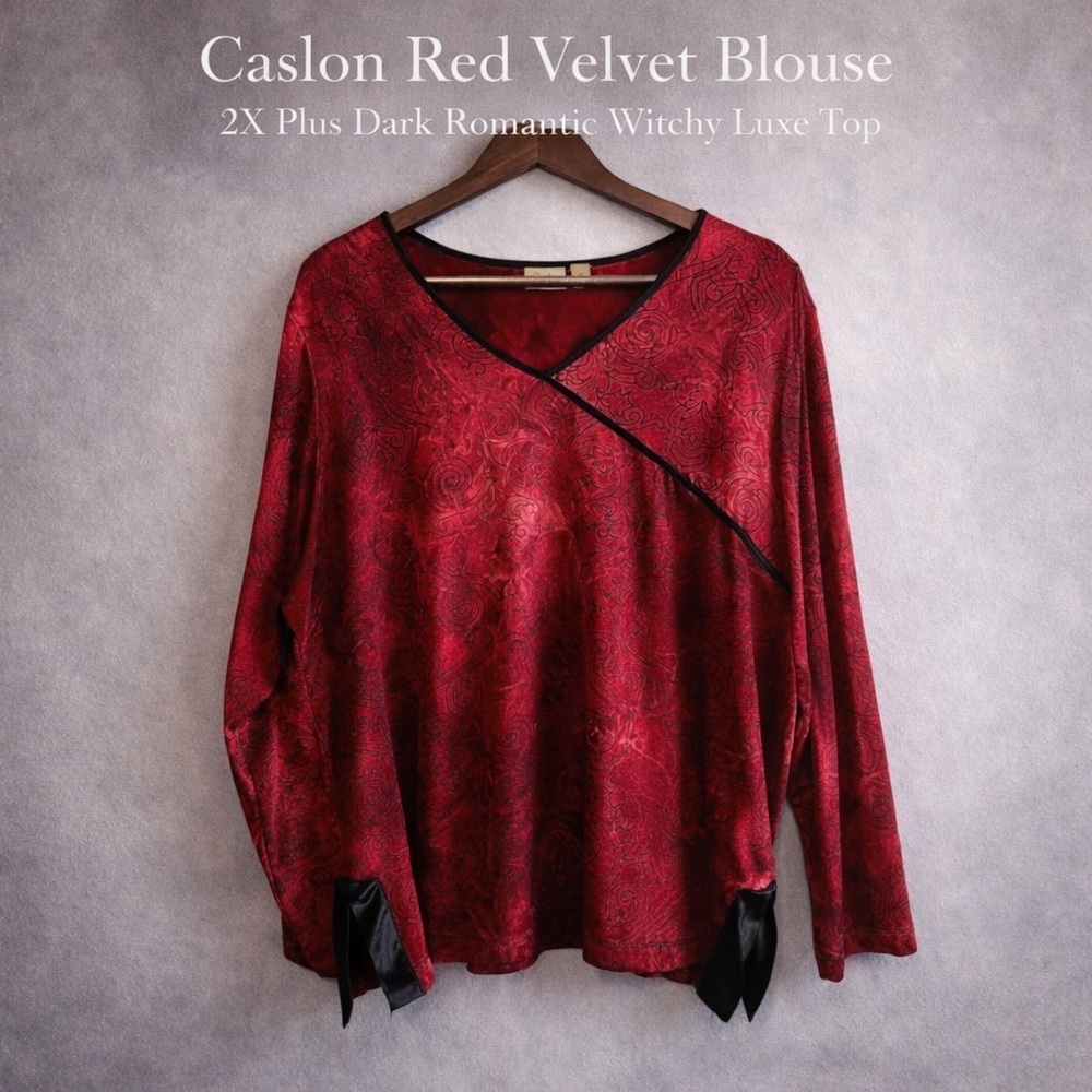 Caslon Red Velvet Blouse 2X Plus Dark Romantic Witchy Luxe Top - Picture 1 of 12